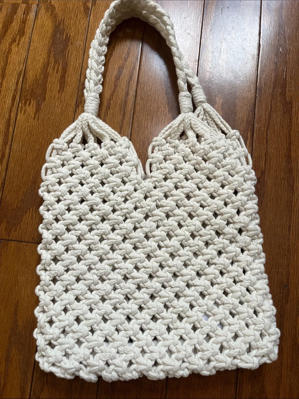 Cream Hand-Knotted Macramé Tote Bag
